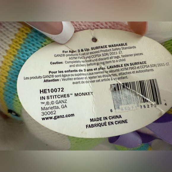 Striped Plush Monkey Toy with Bunny Ears - Picture 2 of 12